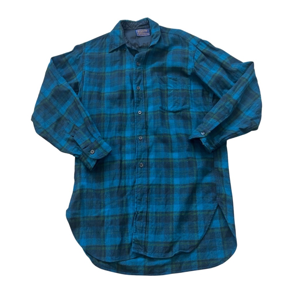 Pendleton 70s Vintage Wool Board Shirt Blue Green Plaid Large Size 15